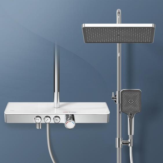 EMKE Système de douche avec thermostat 1146x450x480mm tablette en verre douchette à main avec 3 types de jets douche de pluie, robinetterie de salle de bain & douche, KTW, chrome F10