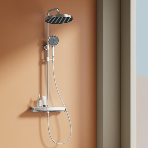 EMKE Système de douche avec thermostat - Ensemble de robinetterie de douche en acier inoxydable, douchette à main 3 jets, douche de pluie ronde, robinetterie de salle de bains & douche, chrome F22