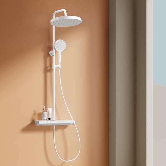 EMKE Système de douche avec thermostat 38℃ - Ensemble de robinetterie de douche en acier inoxydable, douchette à main 3 jets, panneau de douche, douche à effet pluie, robinetterie de salle de bains & douche, blanc F22