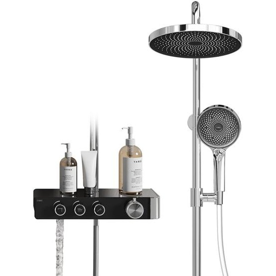EMKE Système de douche avec thermostat Chrome Débit deau réglable 260mm Rond Douche à effet pluie, départ & bec de baignoire F28