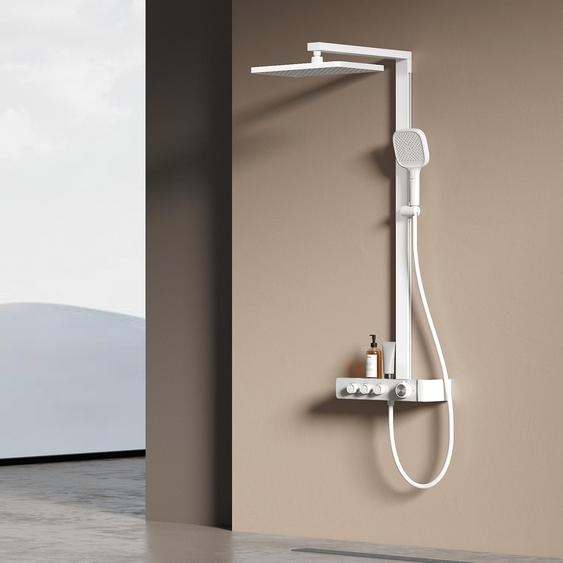 EMKE Système de douche avec thermostat Colonne de douche blanche avec 360×240mm douche à effet pluie carrée, bec de baignoire, régulateur de débit & tablette en verre F27