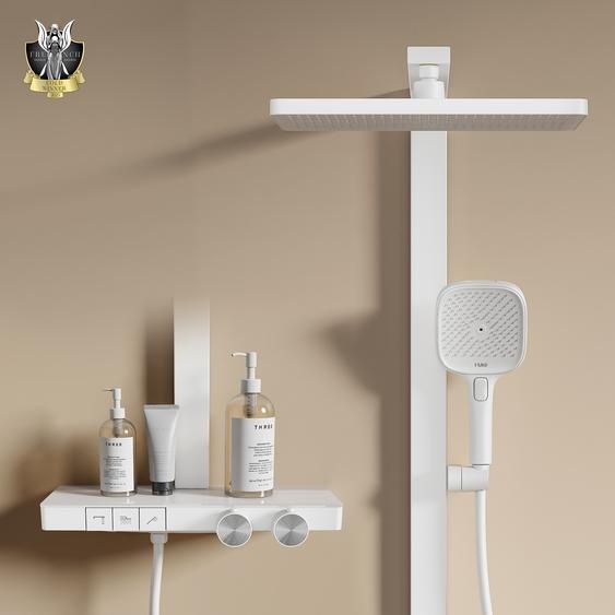 EMKE Système de douche avec thermostat design primé Colonne de douche blanche 360×240mm douche à effet pluie carrée, régulateur de débit, bec de baignoire F29
