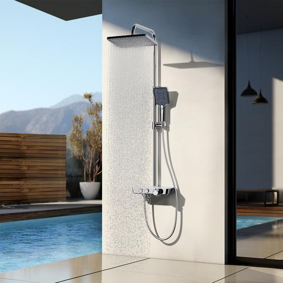 EMKE Système de douche avec thermostat en acier inoxydable Ensemble de douche avec douchette à main 3 fonctions, douche à effet pluie, panneau de douche, robinetterie de salle de bains & douche, KTW, chrome - F08