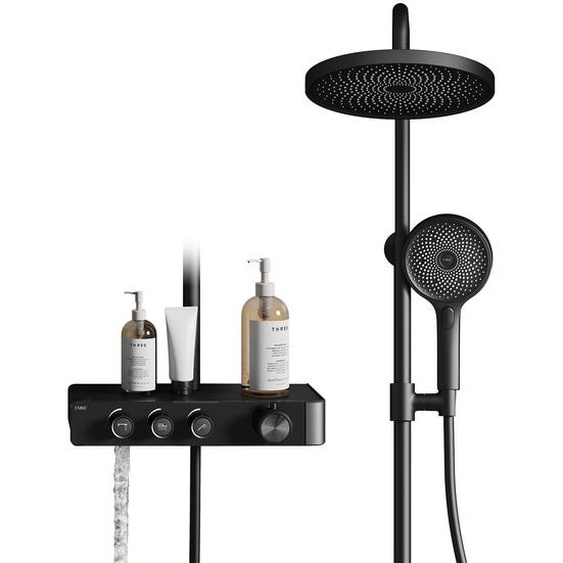 EMKE Système de douche avec thermostat noir Débit deau réglable 260mm Rond Douche à effet pluie, départ & bec de baignoire F28