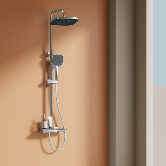 EMKE Système de douche avec thermostat, pomme de douche à effet pluie 36x24mm, douchette à main avec 3 jets Douche à effet pluie avec support en verre, robinetterie de salle de bain & douche, KTW, chrome
