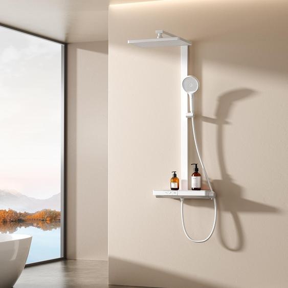 EMKE Système de douche avec thermostat, pommeau de douche à effet pluie 36x24cm, douche à effet pluie avec support en verre, douchette à main avec 4 jets, robinetterie de salle de bains & douche, blanc mat