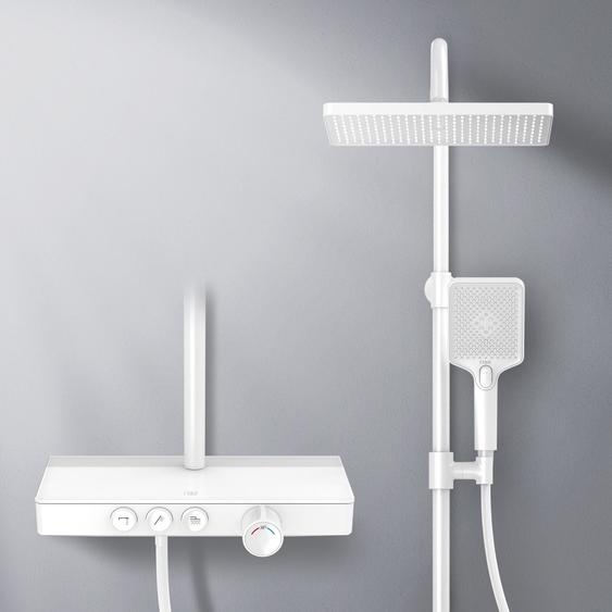 EMKE Système de douche avec thermostat tablette en verre douchette 3 jets douche à effet pluie, robinetterie de salle de bains & douche, douche à effet pluie, KTW, blanc - F09