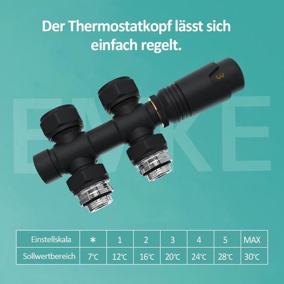 EMKE Thermostat de radiateur Set multibloc Robinetterie de raccordement avec thermostat pour radiateurs forme de passage 16xG1/2 et 15xG1/2 Noir