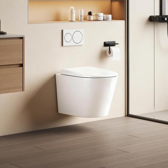 EMKE Toilettes suspendues Céramique Contre-chasse double trou Économie deau Montage mural Toilettes avec chasse deau directe Couvercle Soft-Close silencieux Blanc brillant