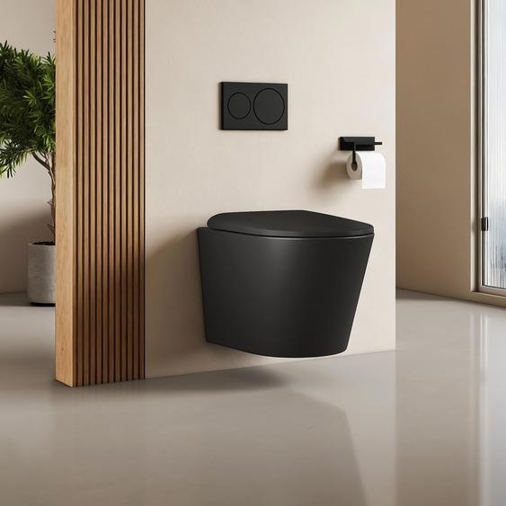 EMKE Toilettes suspendues Céramique Contre-chasse double trou Économie deau Montage mural Toilettes avec chasse deau directe Couvercle Soft-Close silencieux Noir mat