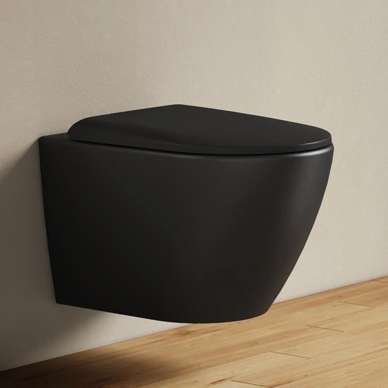 EMKE Toilettes suspendues sans rebord Céramique Économies deau Toilettes à fixation murale avec chasse deau directe Contre-rinçage à double trou Couvercle Soft-Close Noir mat