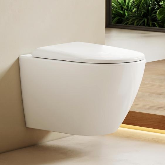 EMKE Toilettes suspendues sans rebord Céramique Economies deau Toilettes à montage mural avec chasse deau directe Contre-rinçage à double trou Couvercle Soft-Close Blanc brillant