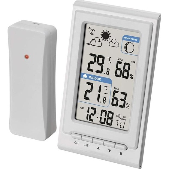 EMOS Mini station météo sans fil avec capteur extérieur, mesure la température intérieure et extérieure, lhumidité, les prévisions météo, horloge radio avec réveil, blanc