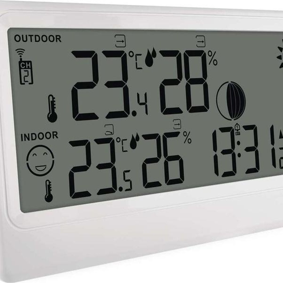 EMOS Station météo radio avec capteur extérieur, température intérieure/extérieure, horloge radio, affichage confort, support/support mural, fonctionne sur piles, blanc, E0531