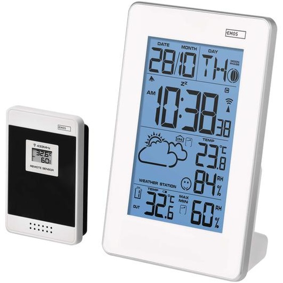 EMOS Station météo sans fil avec horloge radio, affichage de la température intérieure et extérieure, thermomètre, hygromètre, réveil, calendrier