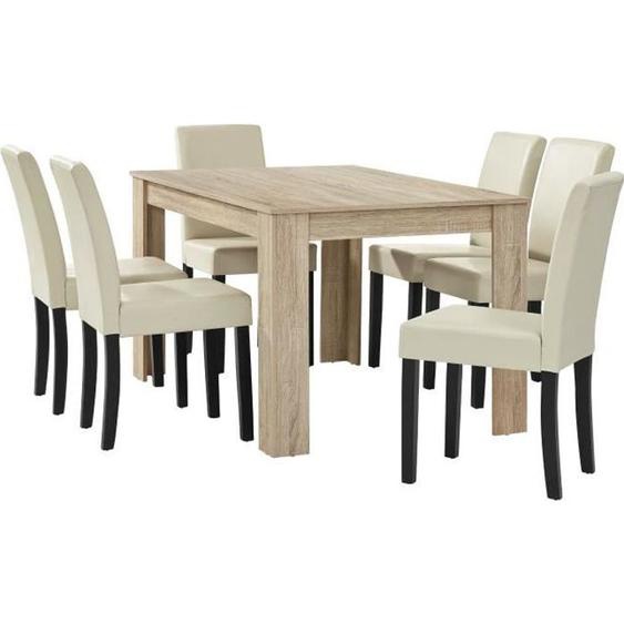 en.casa Table à manger chêne brilliant avec 6 chaises crème cuir-synthétique rembourré140x90