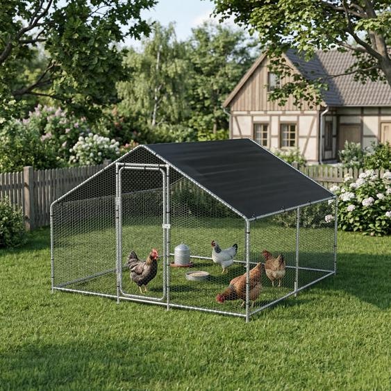 Enclos en plein air « Wels » avec auvent, en treillis métallique, 3 x 3 x 2 m, couleur argent / vert foncé