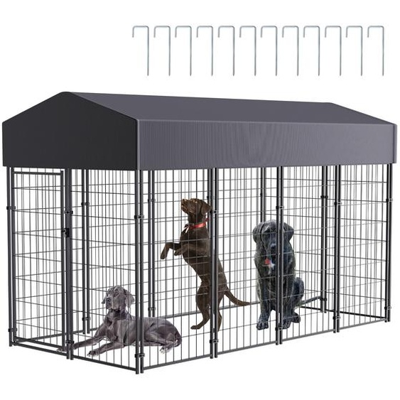 Enclos pour chiens FATIVO dextérieur et dintérieur : grande clôture métallique pour chiens avec toit en toile Oxford, cage pour chiens résistante aux intempéries, 120 x 249 x 165 cm