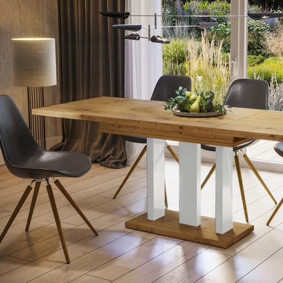 Endo-Moebel Table de salle à manger Appia White 130cm - 210cm extensible Table à colonne Table de cuisine (Chêne Artisan)