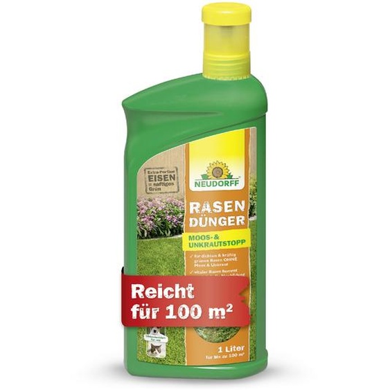 Engrais pour gazon Neudorff, élimine la mousse et les mauvaises herbes, 1 litre pour 100 m², avec une dose supplémentaire de fer, à diluer dans leau ou à appliquer en pulvérisation