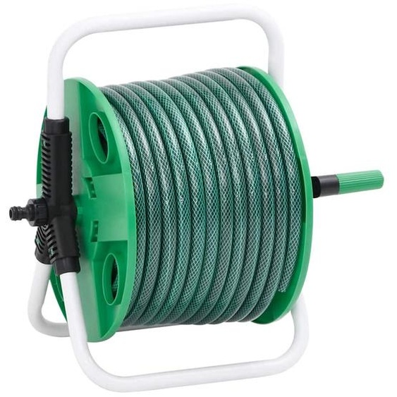 Enrouleur de tuyau vert sur pied avec jeu de raccords de tuyaux