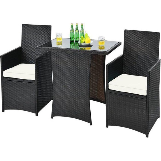 Ensemble 3 Pcs table et chaise de jardin COSTWAY en rotin PE anti-UV - salon de jardin avec coussin amovible