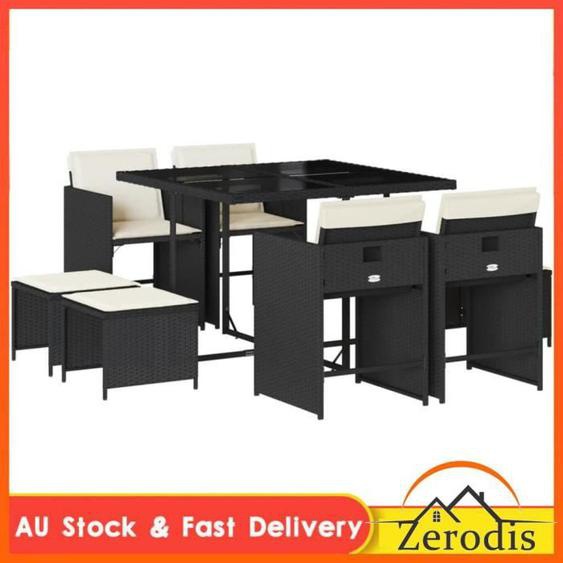Ensemble à manger de jardin 9pcs coussins noir résine tressée -BK3211134 (PLA)