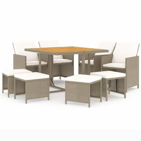 Ensemble à manger de jardin et coussins 9 pcs Poly rotin Beige