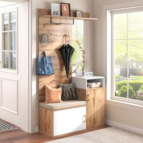 Ensemble armoire blanc avec miroir, armoire à chaussures, porte-manteau mural, banc et patère