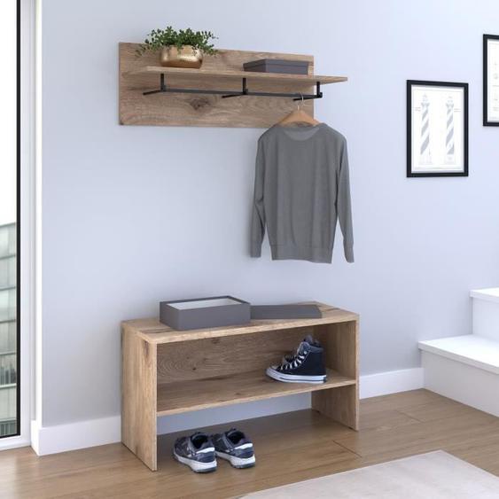 Ensemble banc de rangement à chaussures et portemanteau mural HERA, Avec tringle en métal, Coloris chêne