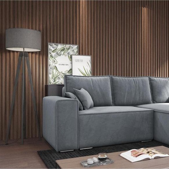 Ensemble canapé dangle en velours gris clair 250 x 176 cm Lores canapé dangle avec fonction lit armoire, couleur : gris clair (monolith 02), ottoman : à droite