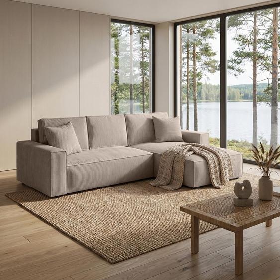 Ensemble canapé dangle Parys Ensemble canapé dangle rembourré en forme de L avec revêtement en velours côtelé avec fonction de couchage et lit 290 cm Ensemble canapé en forme de L, couleur : Cappucino, Poso 02