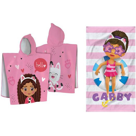 Ensemble Cape De Bain Et Drap De Plage Imprimés 100% Coton, Gabby Et La Maison Magique Duo Et Pink Rose