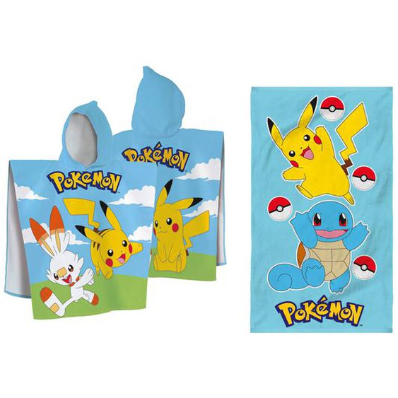 Ensemble Cape De Bain Et Drap De Plage Imprimés 100% Coton, Pokemon Grass Et Port Bleu