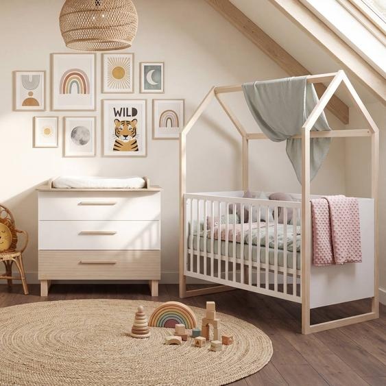 Ensemble Chambre Bébé noah Duo - Lit Cabane 70 X 140 Cm + Commode À Langer Blanc - Chêne Tristan