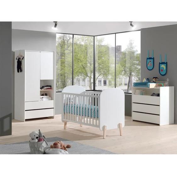 Ensemble chambre complète - Vipack - Lit bébé 60x120 - Commode 3 tiroirs et Armoire 2 portes Kiddy - Blanc