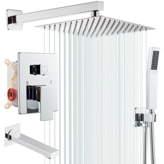 Ensemble complet de robinetterie de douche encastrée, dimensions 30x30 cm, finition chrome, en acier inoxydable