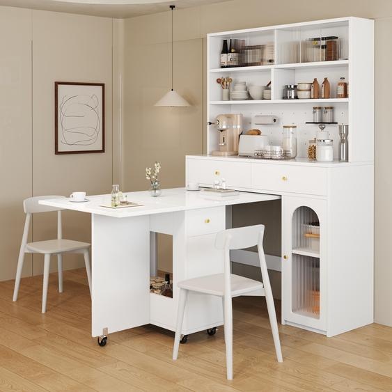Ensemble darmoires de cuisine Merax avec table à manger pliante et table de bar, table à manger mobile sur roulettes, armoire haute avec espace de rangement, meubles de salon, blanc