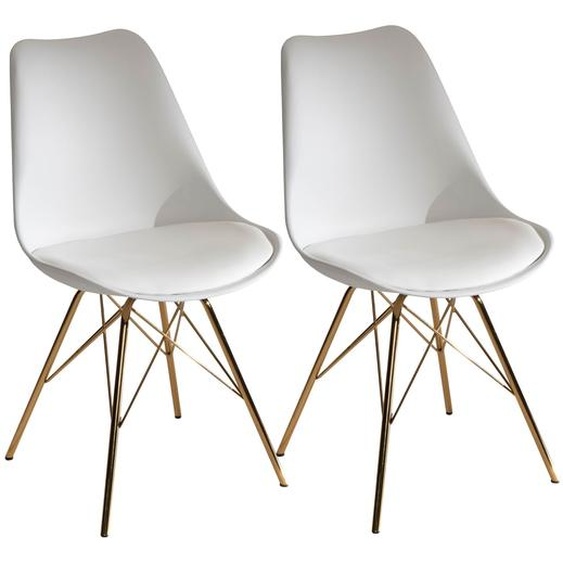 Ensemble de 2 chaises de cuisine en plastique blanc avec pieds dorés, design scandinave, chaises rembourrées en similicuir
