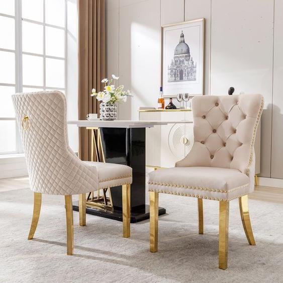 Ensemble De 2 Chaises De Salle À Manger En Velours, Chaise De Salon Pieds De Support En Métal Garniture En Tête De Clou, Beige+or