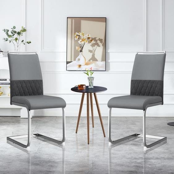 Ensemble de 2 chaises de salle à manger, revêtues en similicuir PU, tissu imitation lin, dossier haut rembourré, design à rayures horizontales, couleur grise