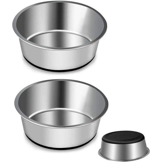 Ensemble de 2 gamelles en acier inoxydable Unyqoos®, diamètre 20 cm, hauteur 6,7 cm, capacité de 1,75 L par gamelle. Fabriquées en acier inoxydable épais, avec un fond en silicone antidérapant, et compatibles avec le lave-vaisselle. Idéales pour les