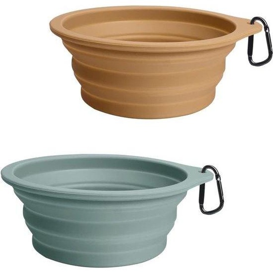 Ensemble de 2 gamelles pliables pour chiens, fabriquées en silicone 100% de qualité alimentaire, capacité de 1000 ml, portables et anti-fuite, avec mousqueton – pour chiens et chats, couleur turquoise/beige clair, dimensions 17,7/12,8/6,7 cm