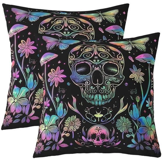 Ensemble de 2 housses de coussin, 50x50 cm, motif crâne de sucre, style bohème, arc-en-ciel, squelette, couleurs noir, vert et bleu, en polyester