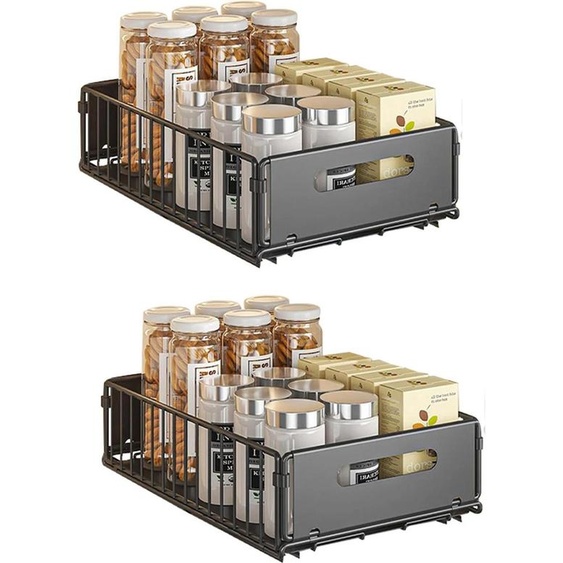 Ensemble de 2 paniers coulissants - Organisateur pour armoire de cuisine - Rangement pour larmoire sous lévier - Étagère en métal - pour cuisine et salle de bain - noir