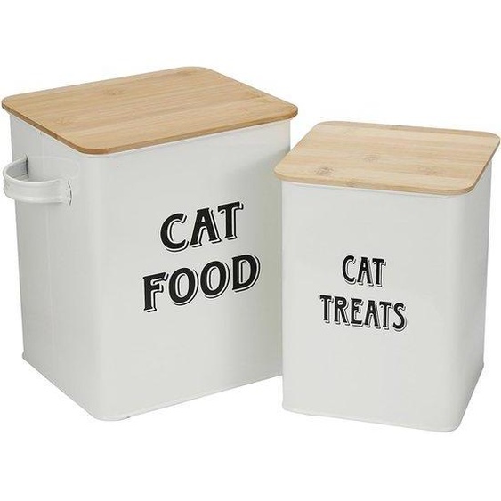 Ensemble de 2 récipients de stockage pour aliments blancs, en acier au carbone, avec couvercle en bois hermétique et pelle, modèle FOOD (20 x 18 x 23 cm), modèle TREATS (15 x 15 x 20 cm)