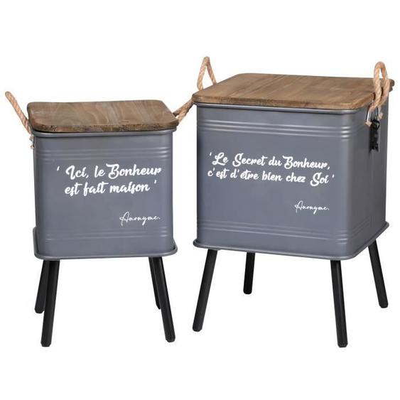 Ensemble de 2 tables caissette métal - Gris - Pied et anse en corde - 41x41x59cm