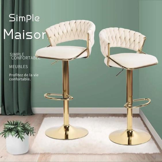 Ensemble de 2 tabourets de bar,petit tabouret de bar avec dossier, hauteur réglable, tabouret de comptoir en velours et métal beige