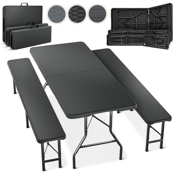Ensemble de 3 bancs de jardin - 2 bancs + 1 table - Pliable, imitation rotin, couleur noire