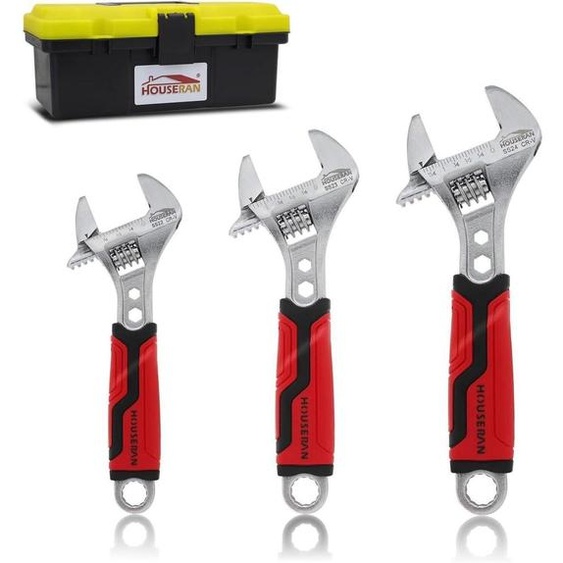 Ensemble de 3 clés à molette de 160/210/260 mm, clés à molette combinées en acier Cr-V, avec boîte de rangement